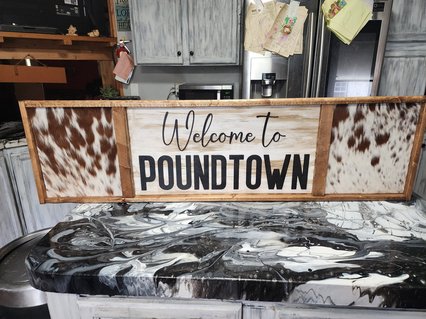 4ft Welcome to POUNDTOWN Sign with Cowhide for Rustic Decor