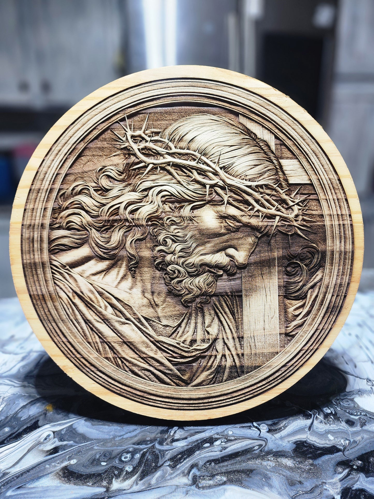 Jesus Crown of Thorns Wood Carving | Handcrafted Christian Wall Art | 3D Relief Religious Decor | Jesus Christ Round Plaque