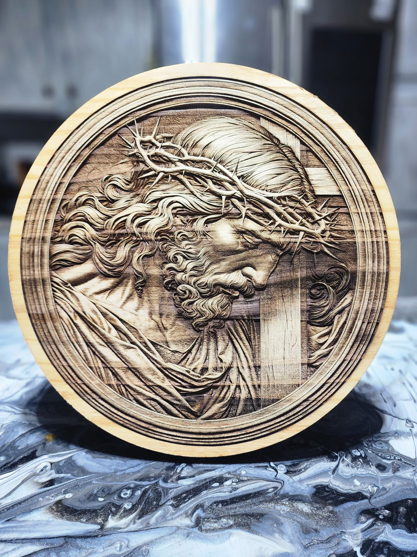 Jesus Crown of Thorns Wood Carving | Handcrafted Christian Wall Art | 3D Relief Religious Decor | Jesus Christ Round Plaque