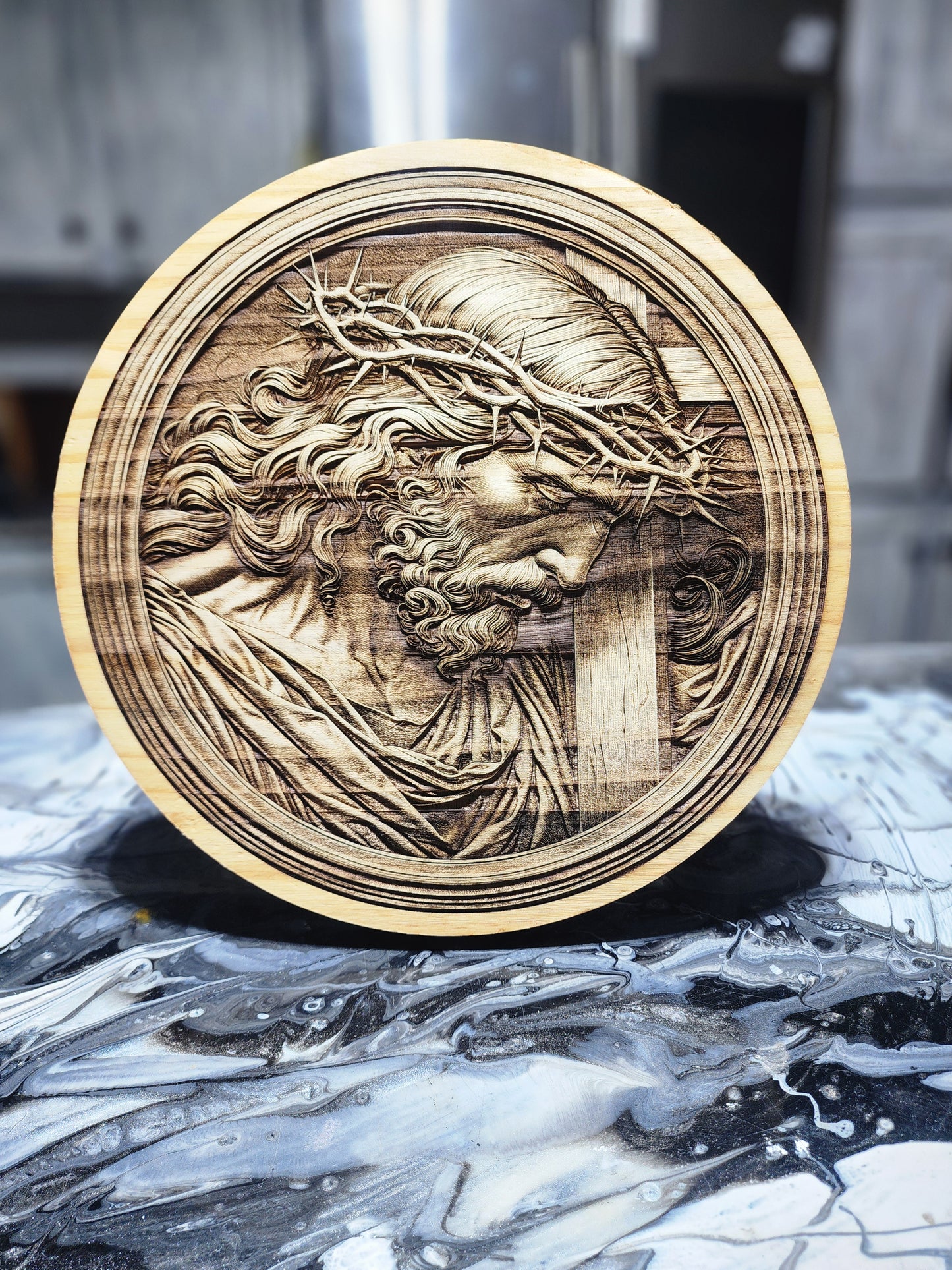 Jesus Crown of Thorns Wood Carving | Handcrafted Christian Wall Art | 3D Relief Religious Decor | Jesus Christ Round Plaque