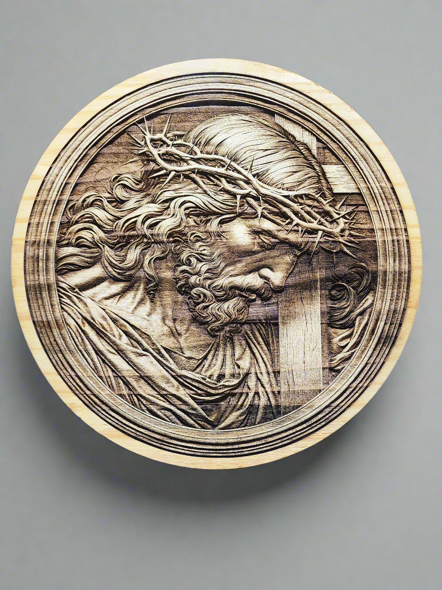 Jesus Crown of Thorns Wood Carving | Handcrafted Christian Wall Art | 3D Relief Religious Decor | Jesus Christ Round Plaque