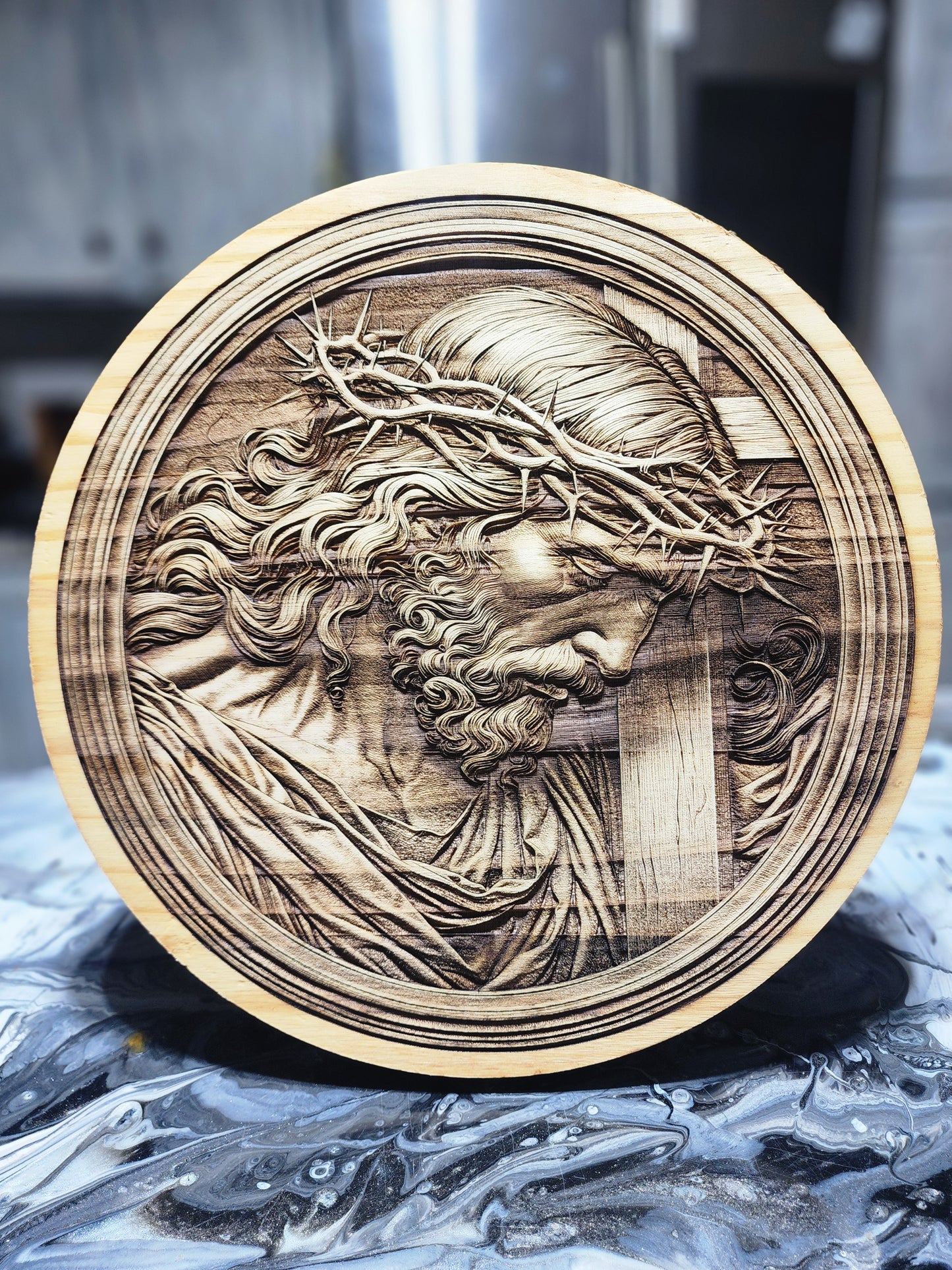 Jesus Crown of Thorns Wood Carving | Handcrafted Christian Wall Art | 3D Relief Religious Decor | Jesus Christ Round Plaque