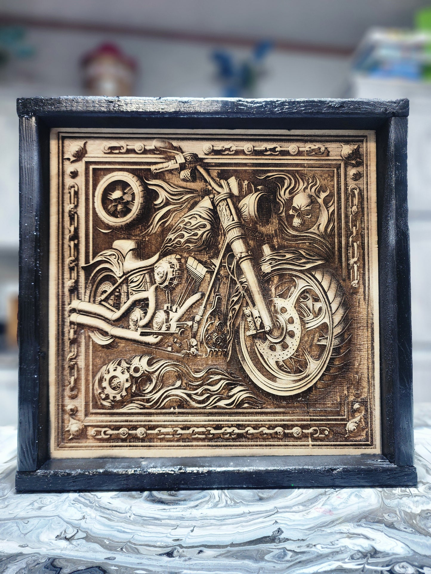 Motorcycle Wall Art – Harley-Inspired Framed Wood Sign • Rustic Biker Decor • Man Cave Gift