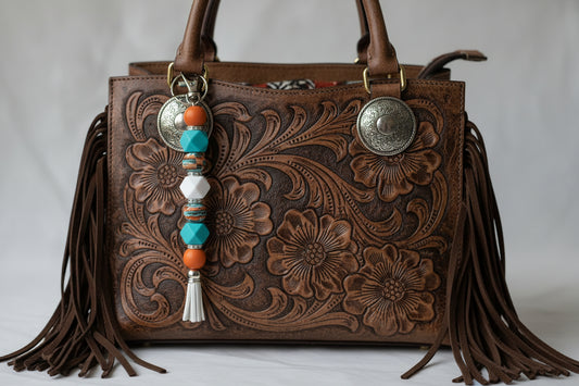 Orange Sunset Western Beaded Keychain | Turquoise Cowgirl Tassel Keychain