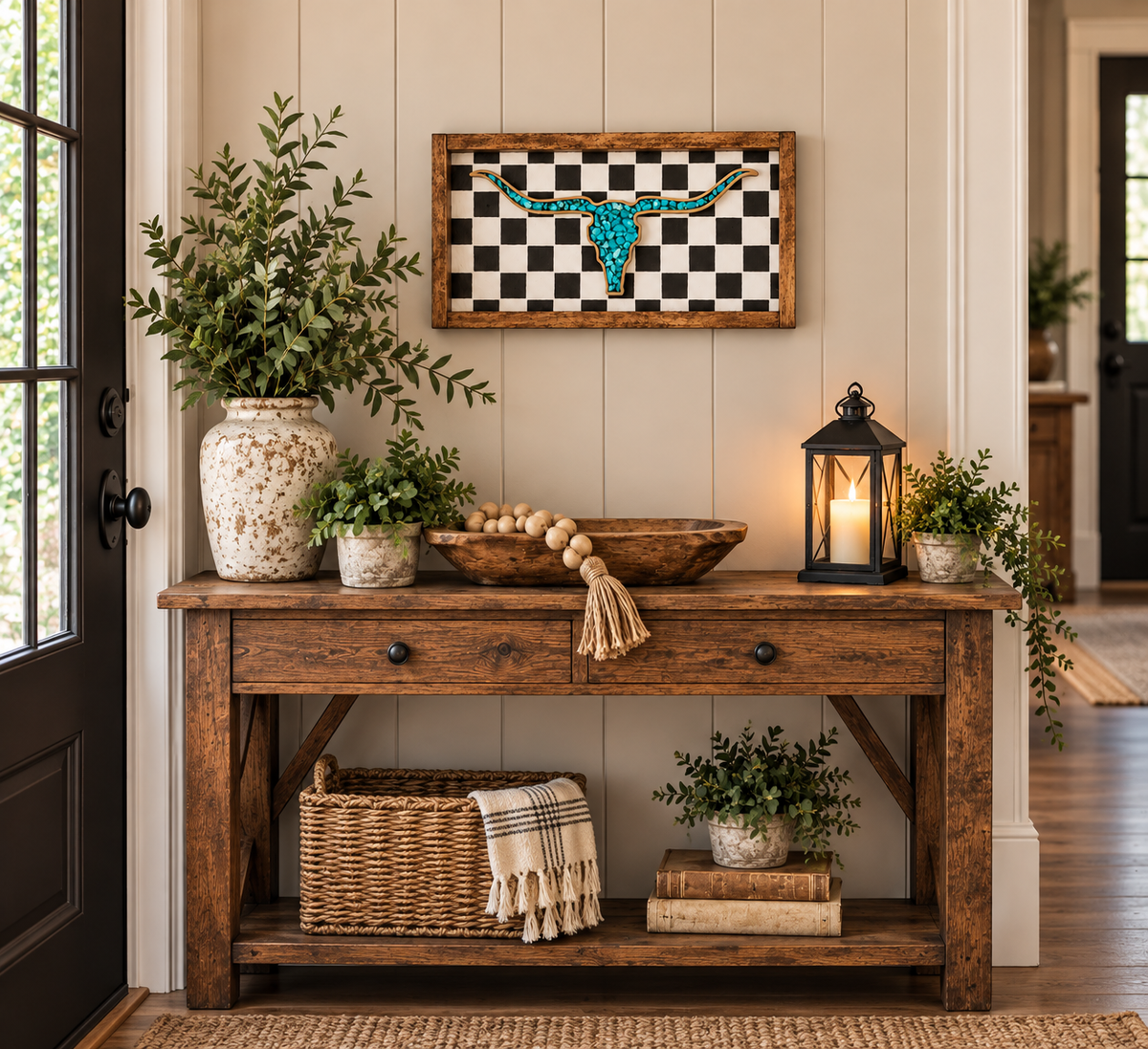 Rustic Turquoise Longhorn Buffalo Check Sign