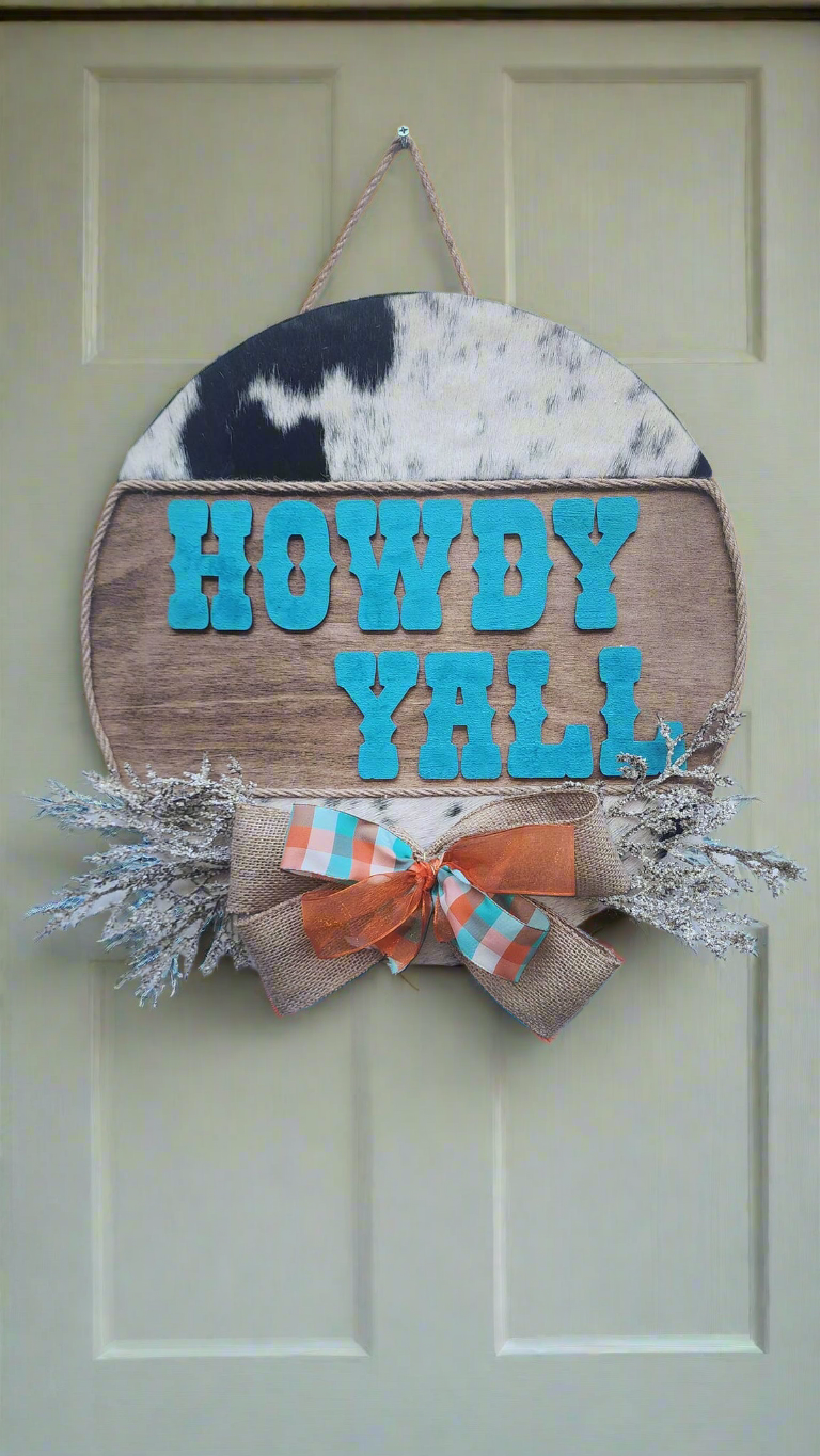 Howdy Yall Cowhide Welcome door sign
