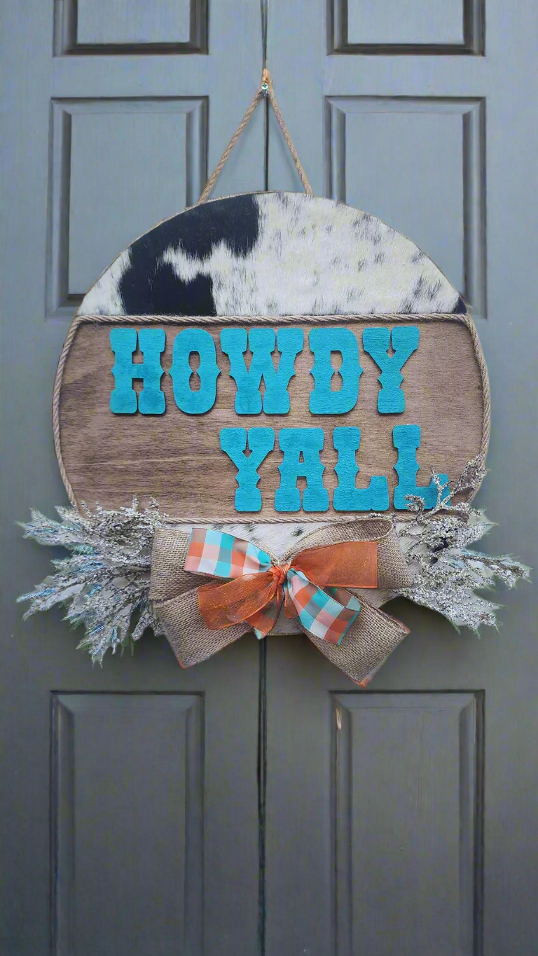 Howdy Yall Cowhide Welcome door sign