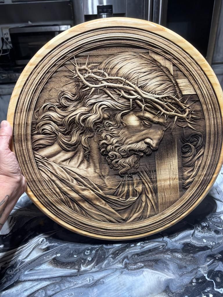 Jesus Crown of Thorns Wood Carving | Handcrafted Christian Wall Art | 3D Relief Religious Decor | Jesus Christ Round Plaque