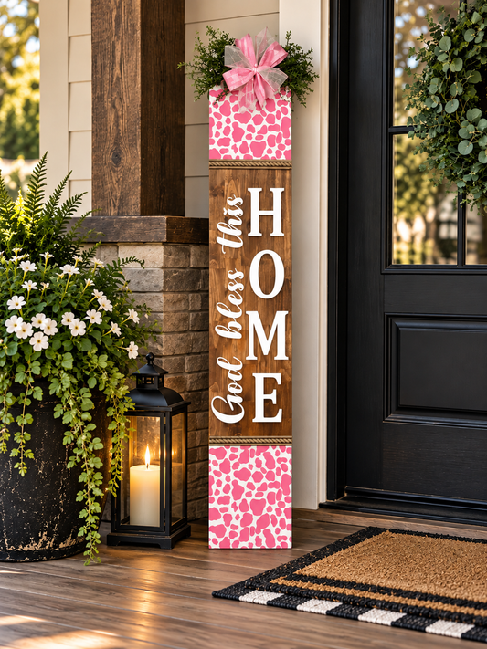 Cow print Porch Leaner "God bless this home"