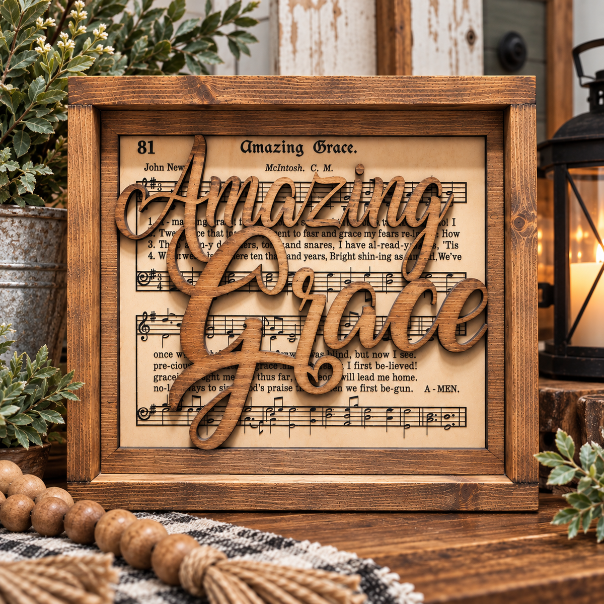 Amazing Grace Wood Sign – 12x12 Rustic Farmhouse Christian Décor