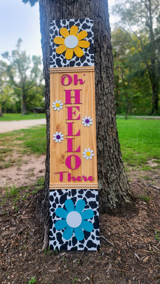 Oh Hello There Porch Leaner Sign – Farmhouse Floral Welcome Sign for Front Door Decor