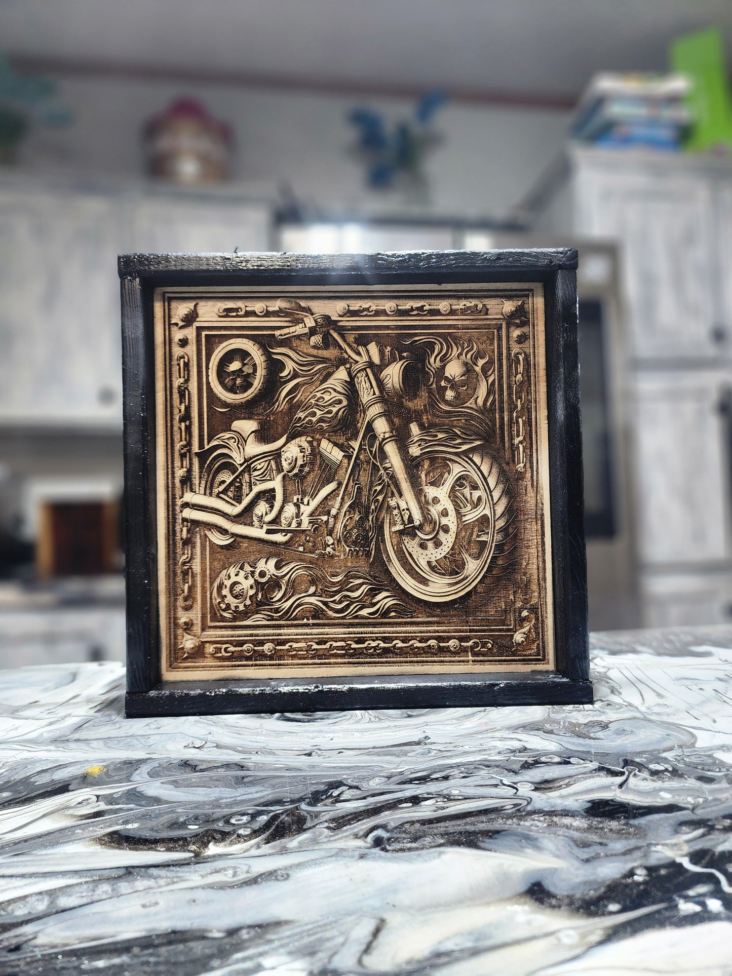 Motorcycle Wall Art – Harley-Inspired Framed Wood Sign • Rustic Biker Decor • Man Cave Gift