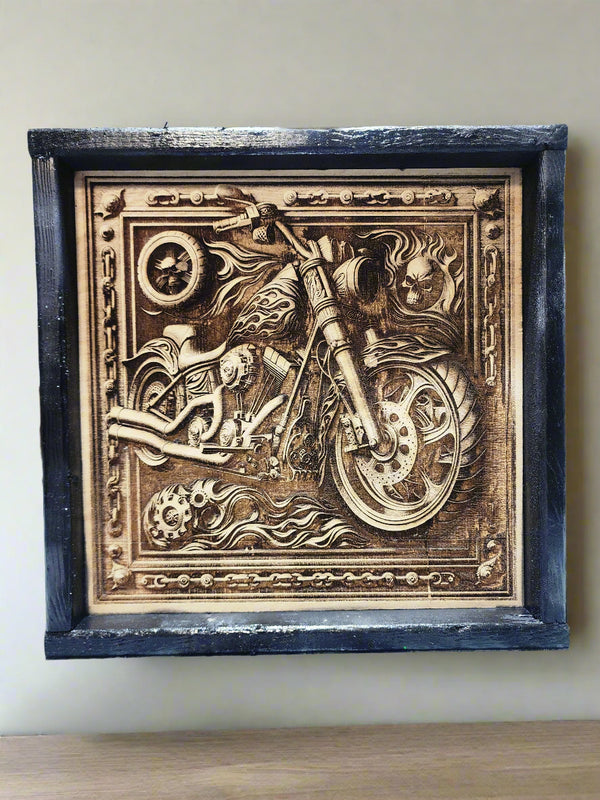 Motorcycle Wall Art – Harley-Inspired Framed Wood Sign • Rustic Biker Decor • Man Cave Gift