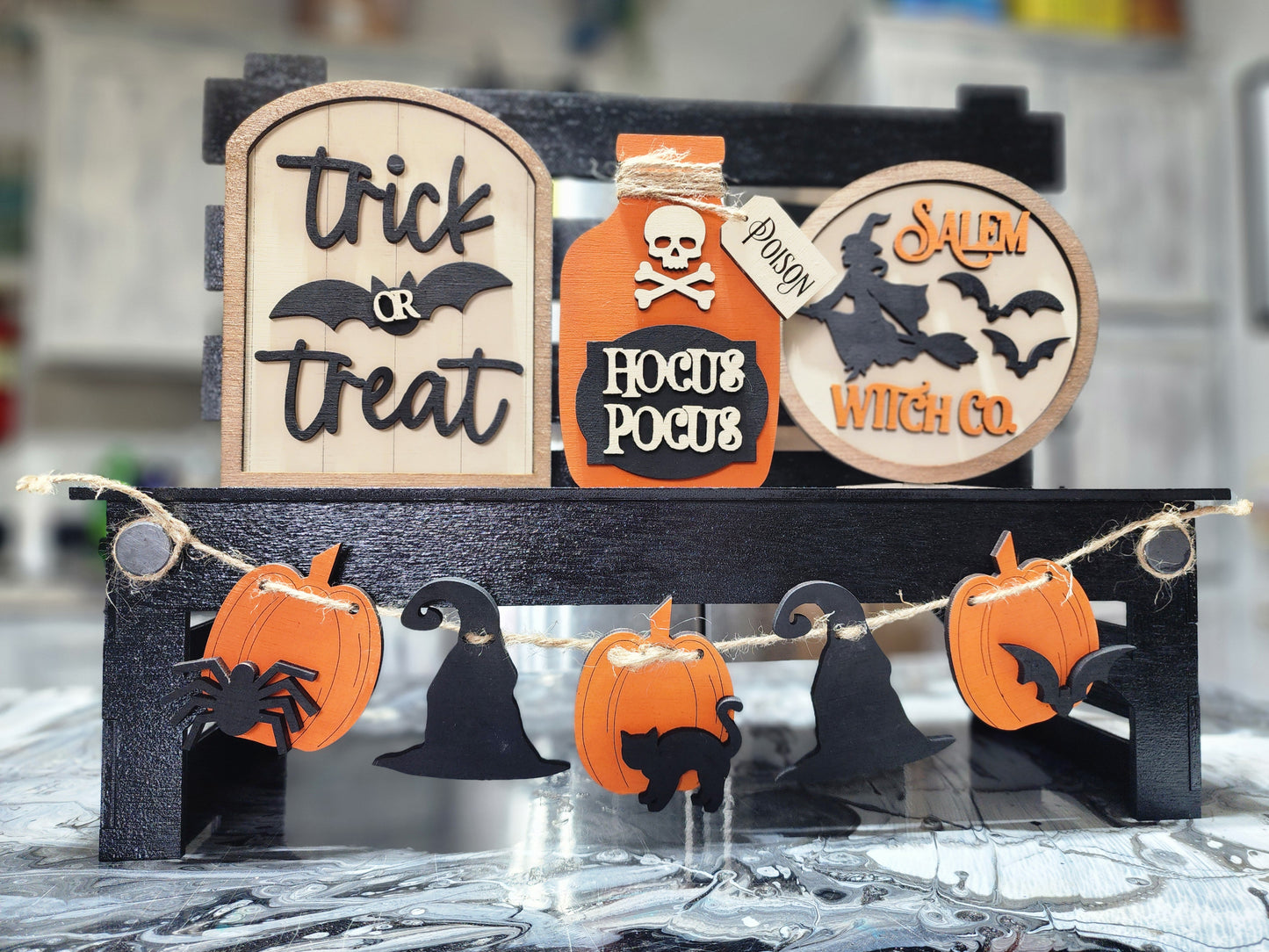 Halloween Tiered Tray Decor Set – Hocus Pocus, Trick or Treat, Salem Witch Co. Signs with Garland – Rustic Farmhouse Halloween Display
