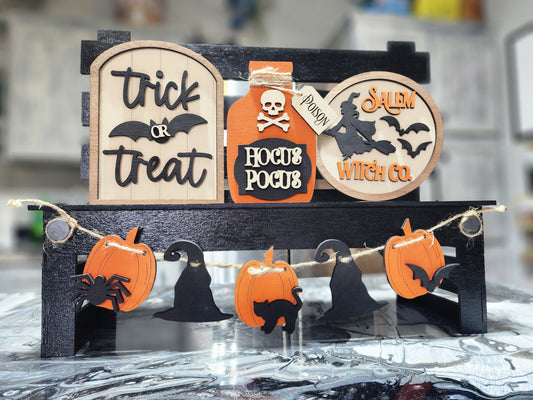 Halloween Tiered Tray Decor Set – Hocus Pocus, Trick or Treat, Salem Witch Co. Signs with Garland – Rustic Farmhouse Halloween Display