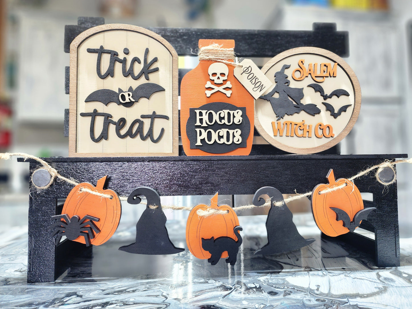 Halloween Tiered Tray Decor Set – Hocus Pocus, Trick or Treat, Salem Witch Co. Signs with Garland – Rustic Farmhouse Halloween Display