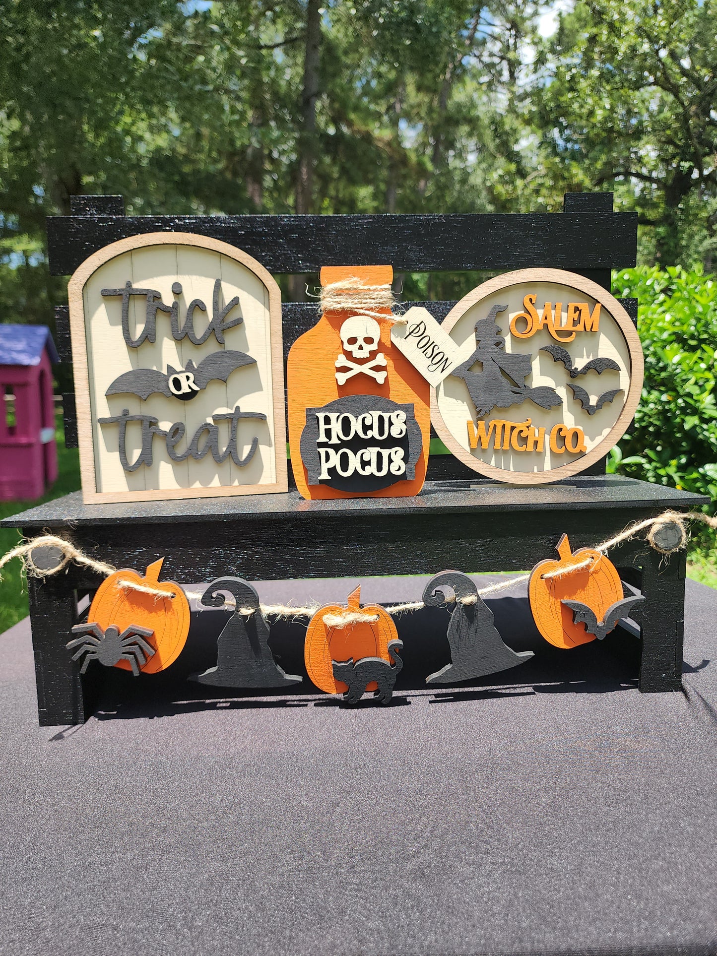 Halloween Tiered Tray Decor Set – Hocus Pocus, Trick or Treat, Salem Witch Co. Signs with Garland – Rustic Farmhouse Halloween Display