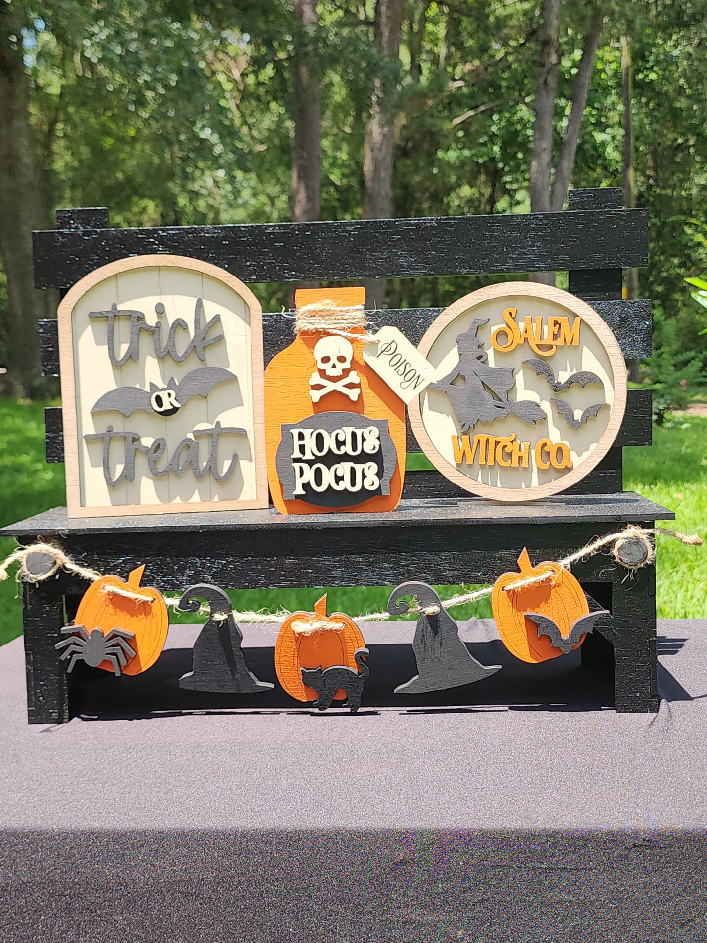 Halloween Tiered Tray Decor Set – Hocus Pocus, Trick or Treat, Salem Witch Co. Signs with Garland – Rustic Farmhouse Halloween Display