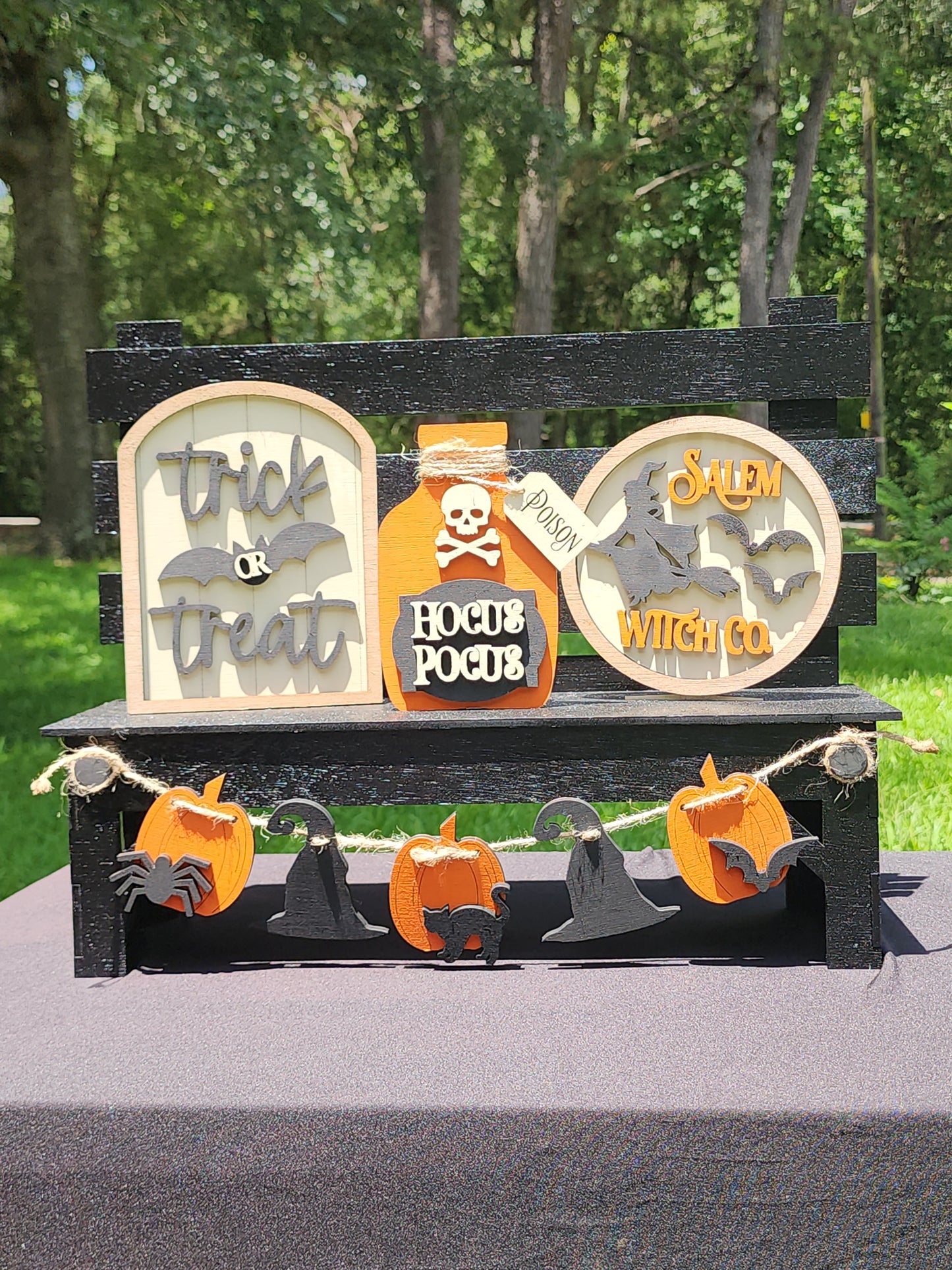 Halloween Tiered Tray Decor Set – Hocus Pocus, Trick or Treat, Salem Witch Co. Signs with Garland – Rustic Farmhouse Halloween Display