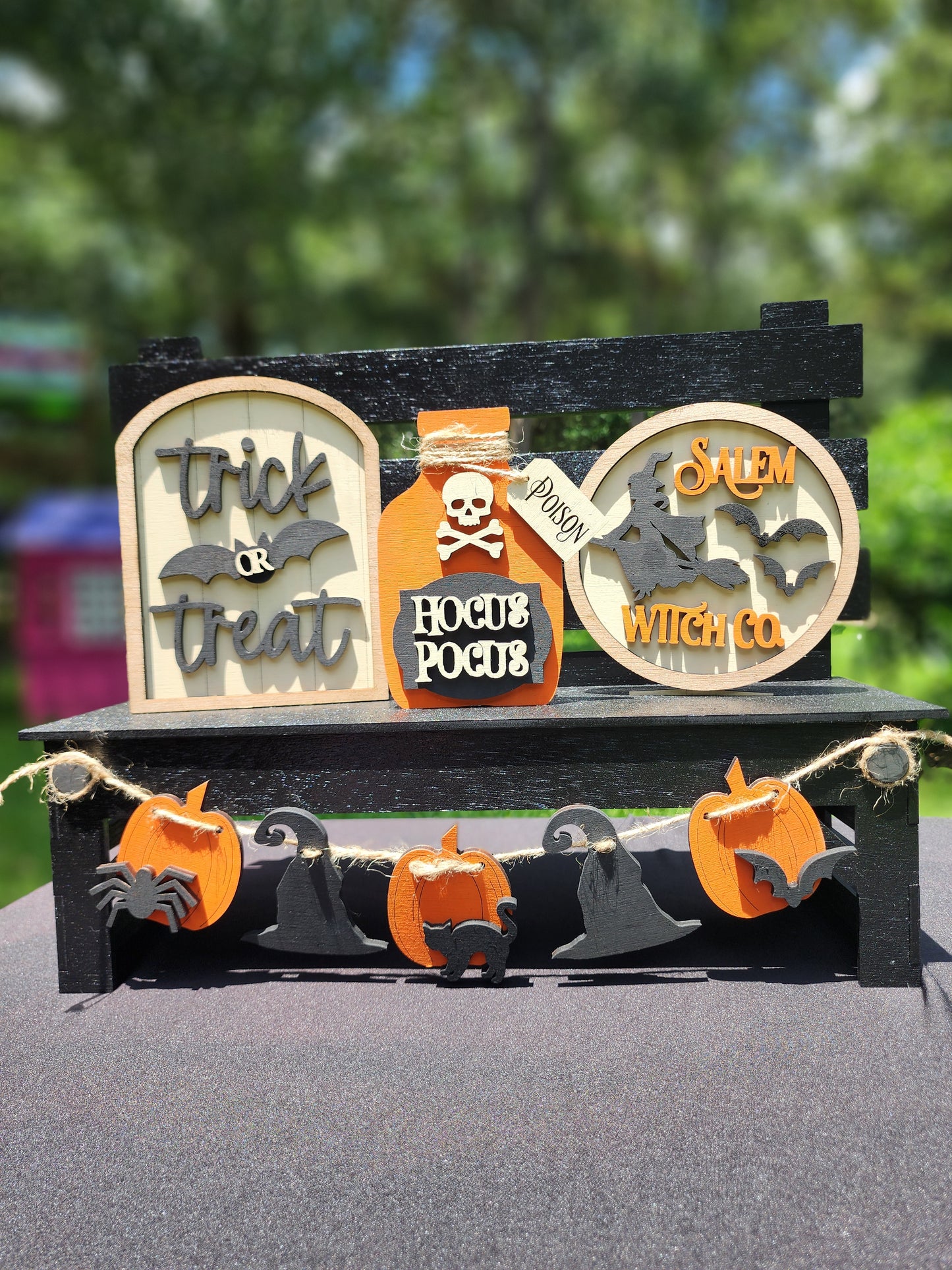Halloween Tiered Tray Decor Set – Hocus Pocus, Trick or Treat, Salem Witch Co. Signs with Garland – Rustic Farmhouse Halloween Display