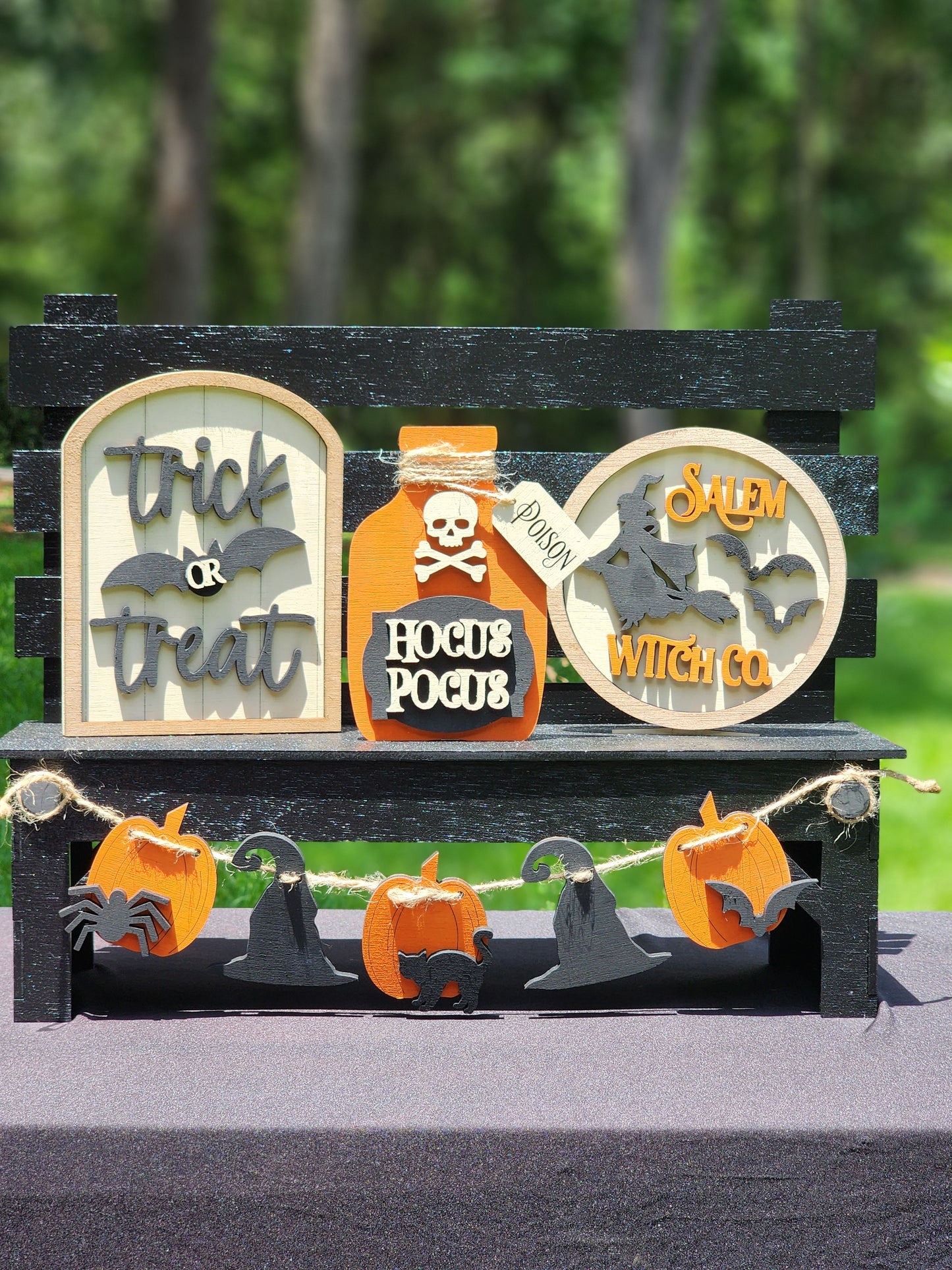 Halloween Tiered Tray Decor Set – Hocus Pocus, Trick or Treat, Salem Witch Co. Signs with Garland – Rustic Farmhouse Halloween Display