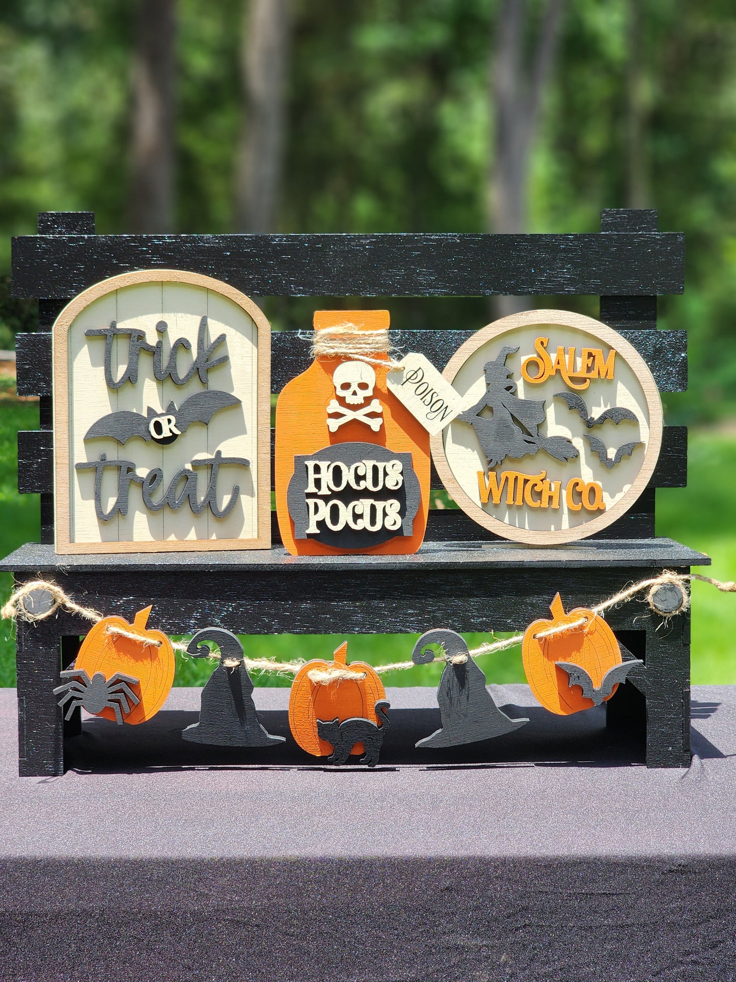 Halloween Tiered Tray Decor Set – Hocus Pocus, Trick or Treat, Salem Witch Co. Signs with Garland – Rustic Farmhouse Halloween Display