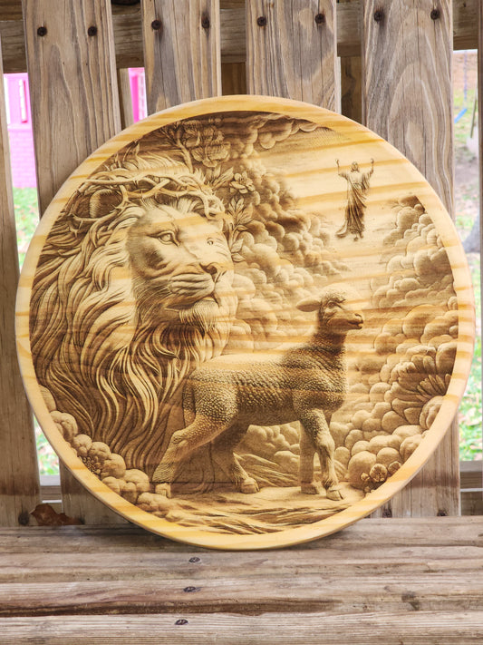 Lion and the Lamb Wooden Wall Art – Laser Engraved Faith-Inspired Round Sign