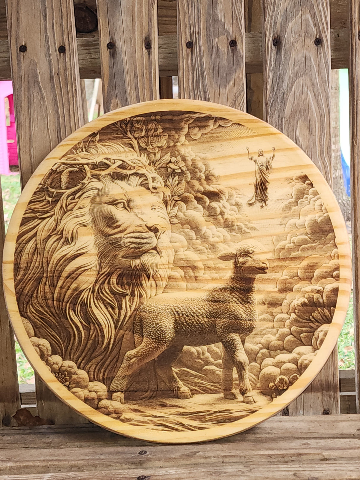 Lion and the Lamb Wooden Wall Art – Laser Engraved Faith-Inspired Round Sign