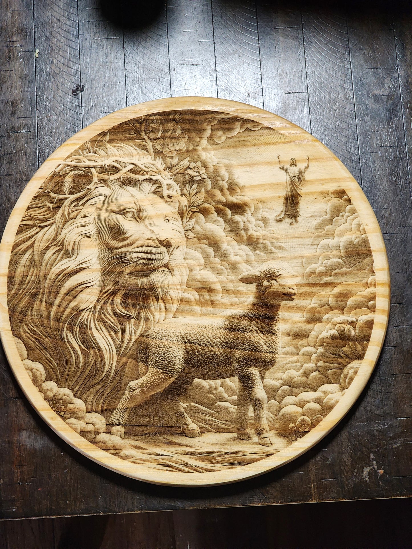 Lion and the Lamb Wooden Wall Art – Laser Engraved Faith-Inspired Round Sign