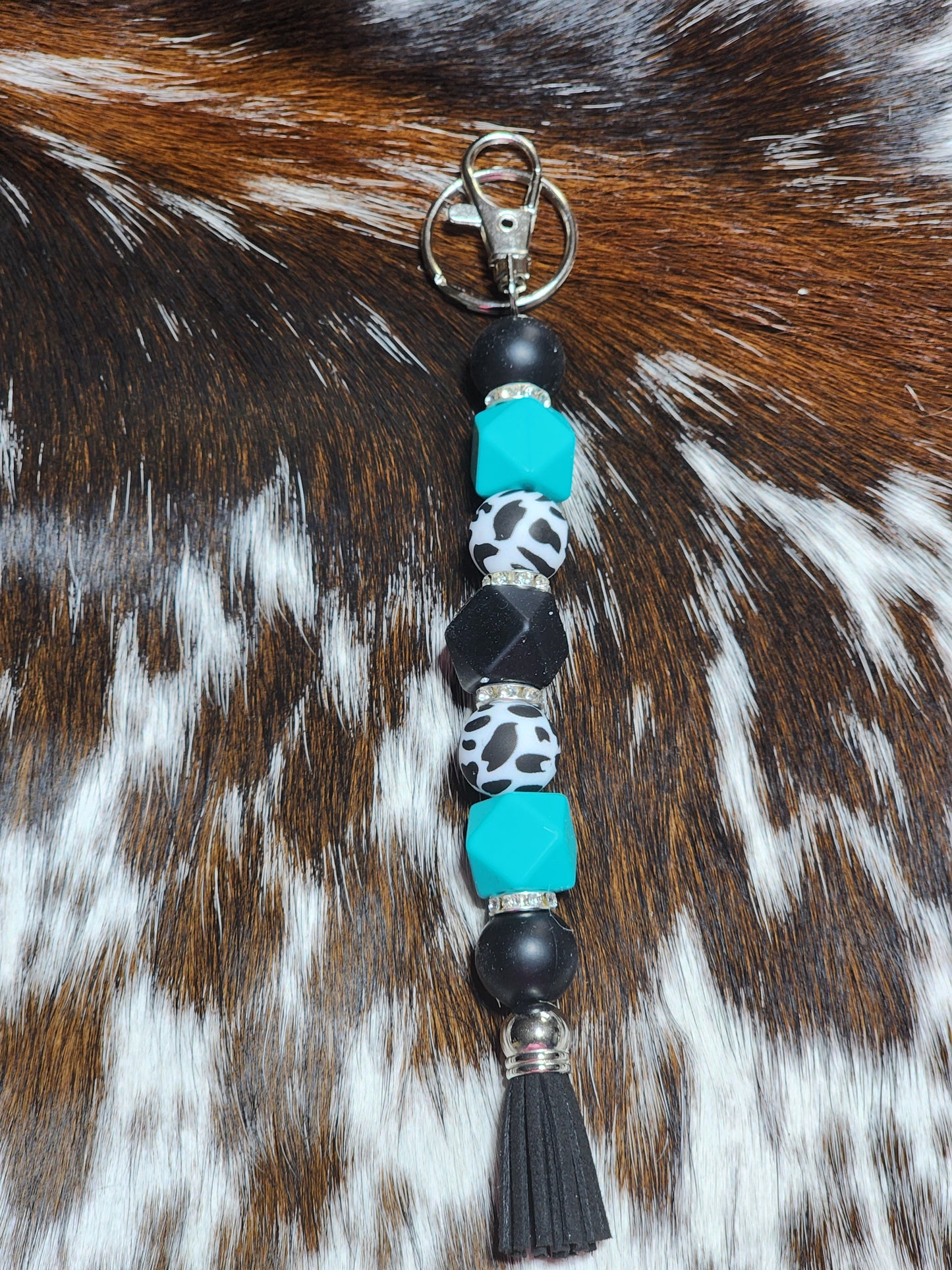 Cow Print Turquoise Beaded Keychain – Western Boho Tassel Keyring