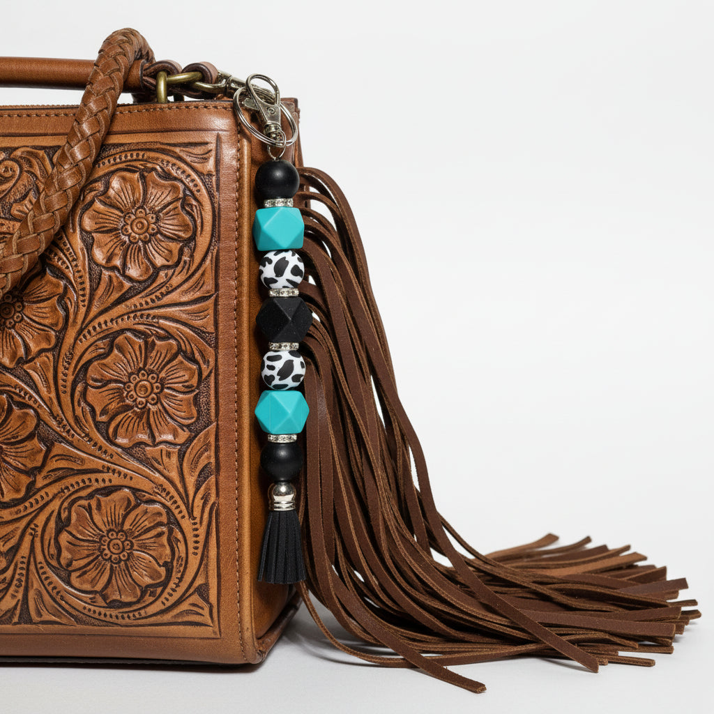 Cow Print Turquoise Beaded Keychain – Western Boho Tassel Keyring