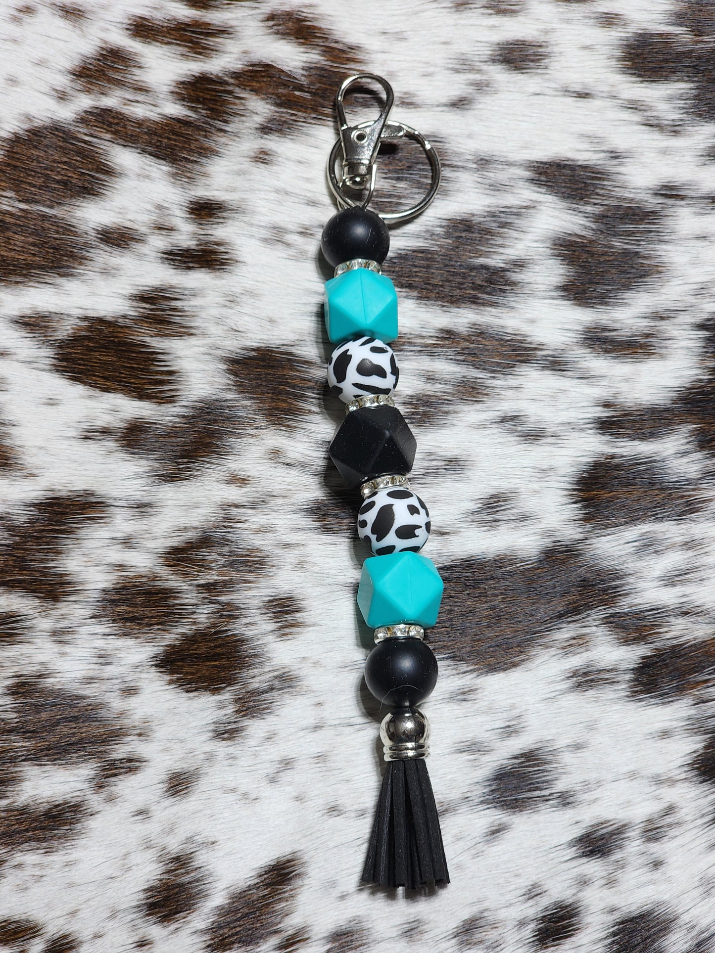 Cow Print Turquoise Beaded Keychain – Western Boho Tassel Keyring