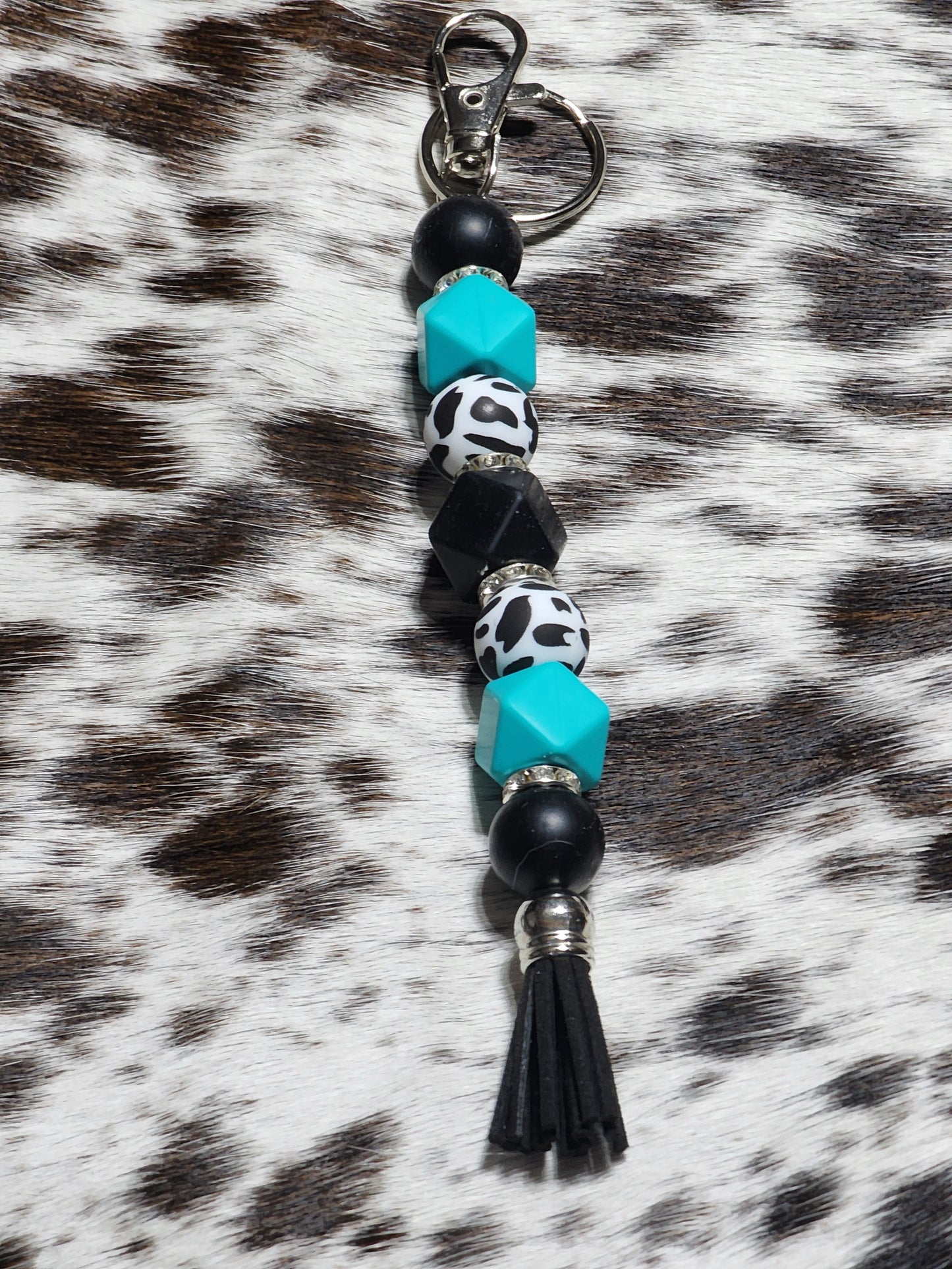 Cow Print Turquoise Beaded Keychain – Western Boho Tassel Keyring