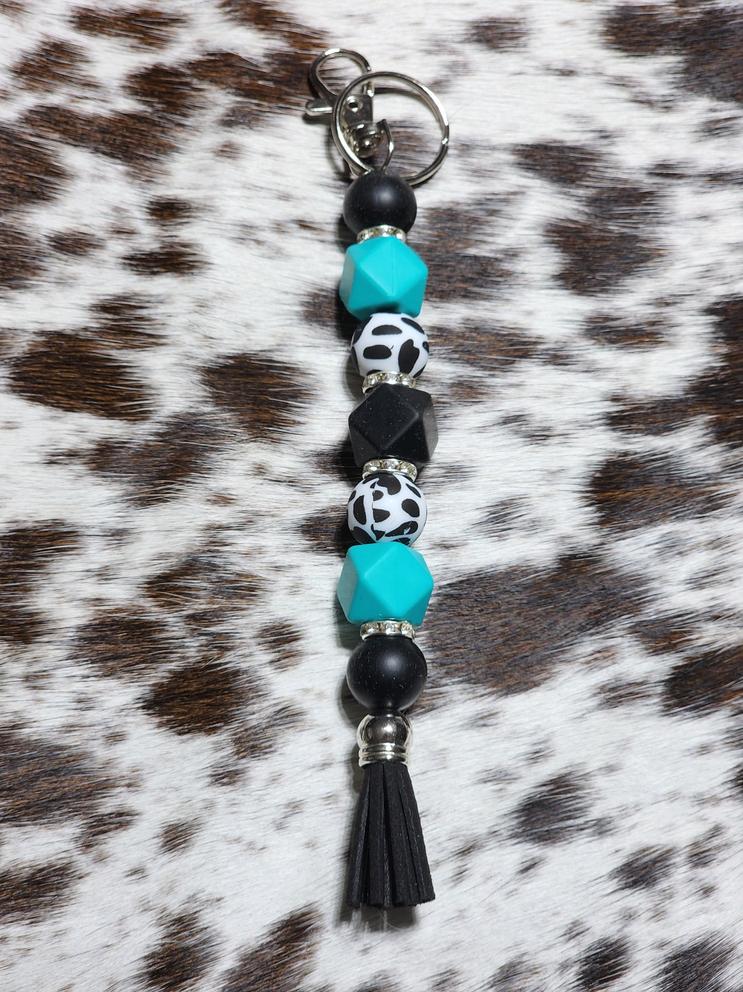 Cow Print Turquoise Beaded Keychain – Western Boho Tassel Keyring