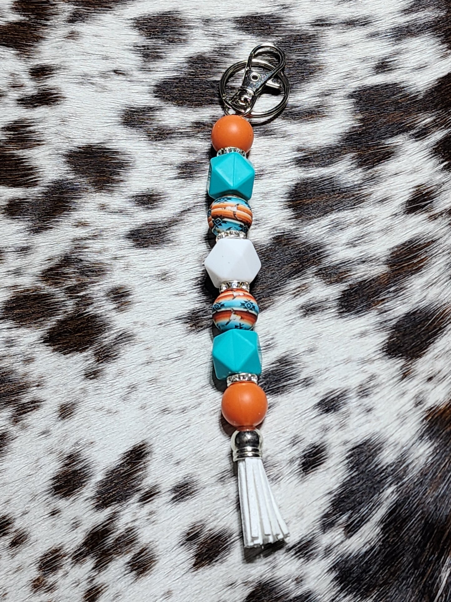 Orange Sunset Western Beaded Keychain | Turquoise Cowgirl Tassel Keychain