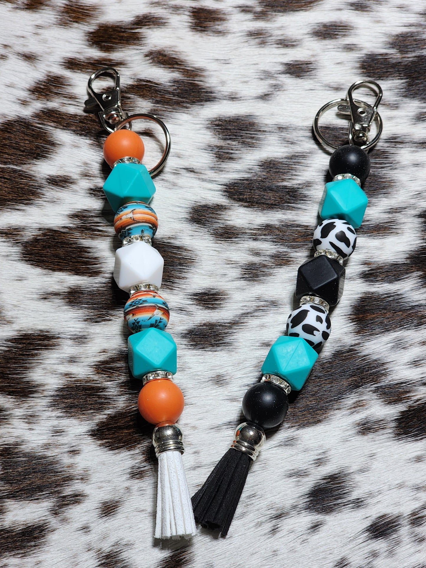 Orange Sunset Western Beaded Keychain | Turquoise Cowgirl Tassel Keychain