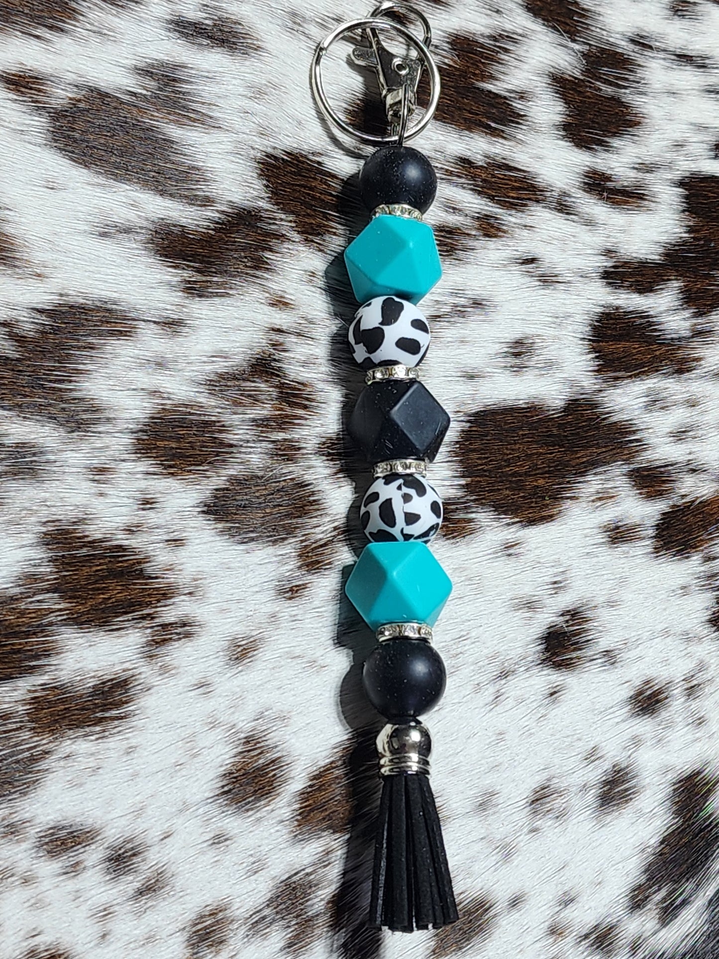 Cow Print Turquoise Beaded Keychain – Western Boho Tassel Keyring