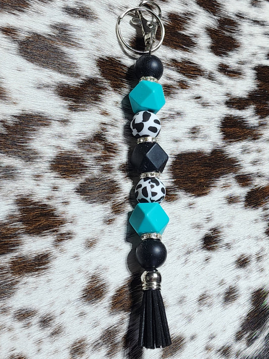 Cow Print Turquoise Beaded Keychain – Western Boho Tassel Keyring