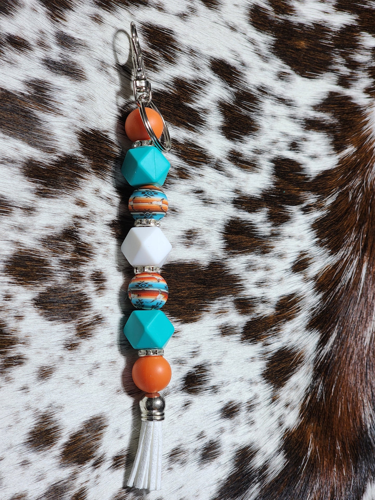 Orange Sunset Western Beaded Keychain | Turquoise Cowgirl Tassel Keychain
