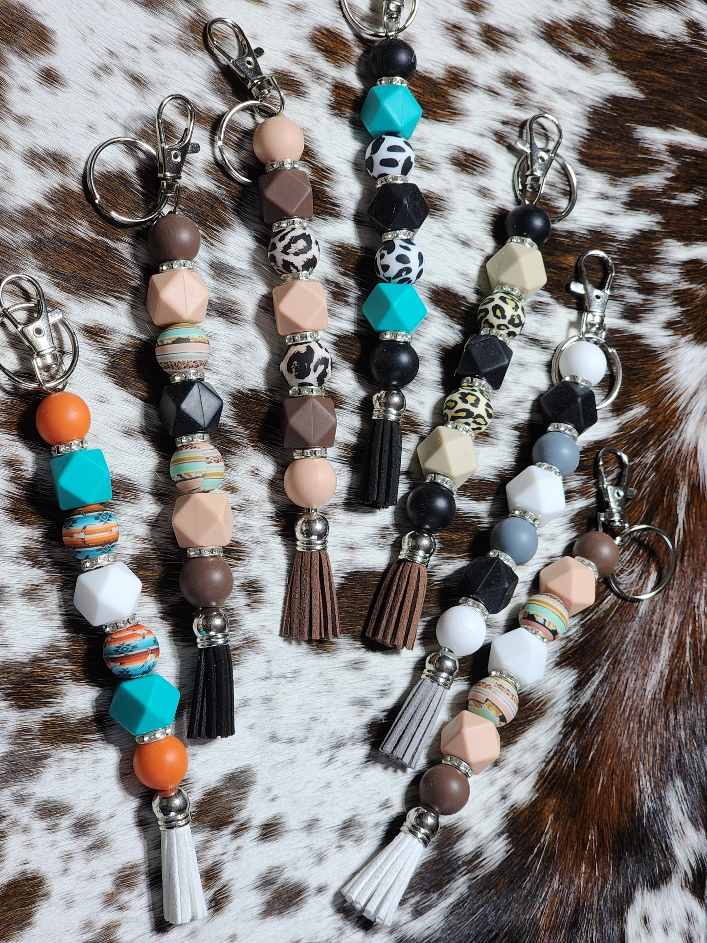 Orange Sunset Western Beaded Keychain | Turquoise Cowgirl Tassel Keychain