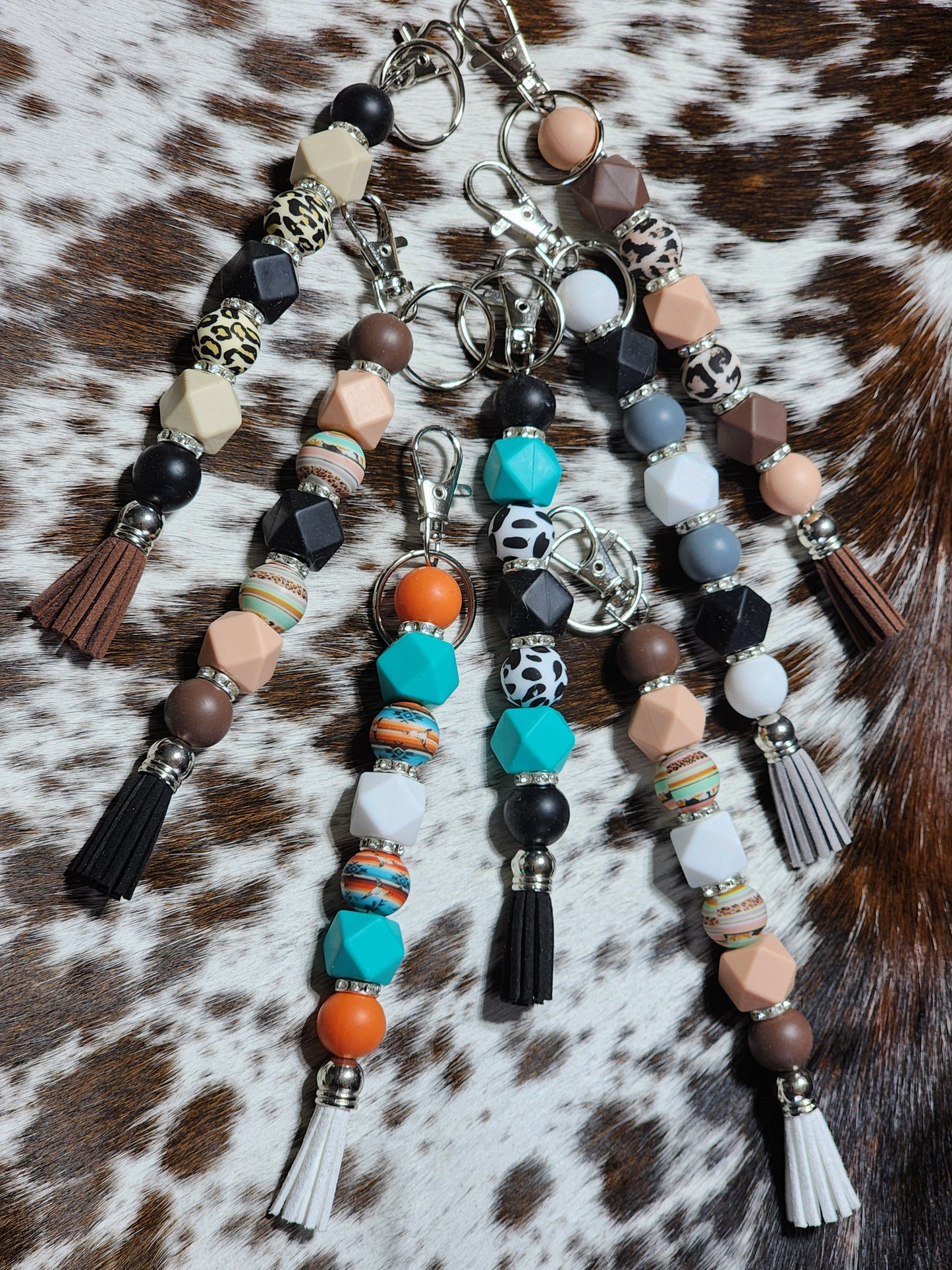 Orange Sunset Western Beaded Keychain | Turquoise Cowgirl Tassel Keychain