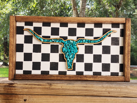 Rustic Turquoise Longhorn Buffalo Check Sign