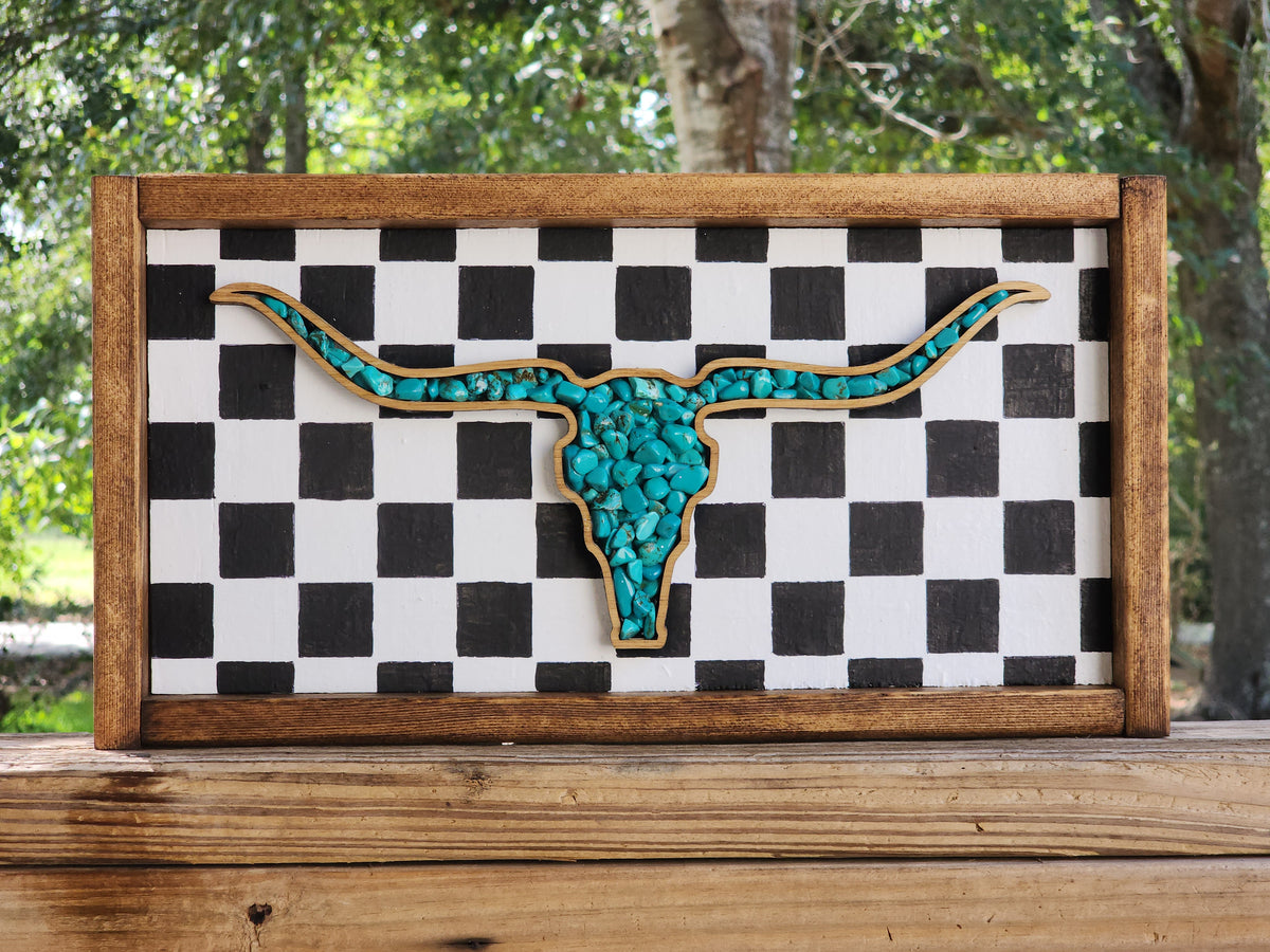 Rustic Turquoise Longhorn Buffalo Check Sign