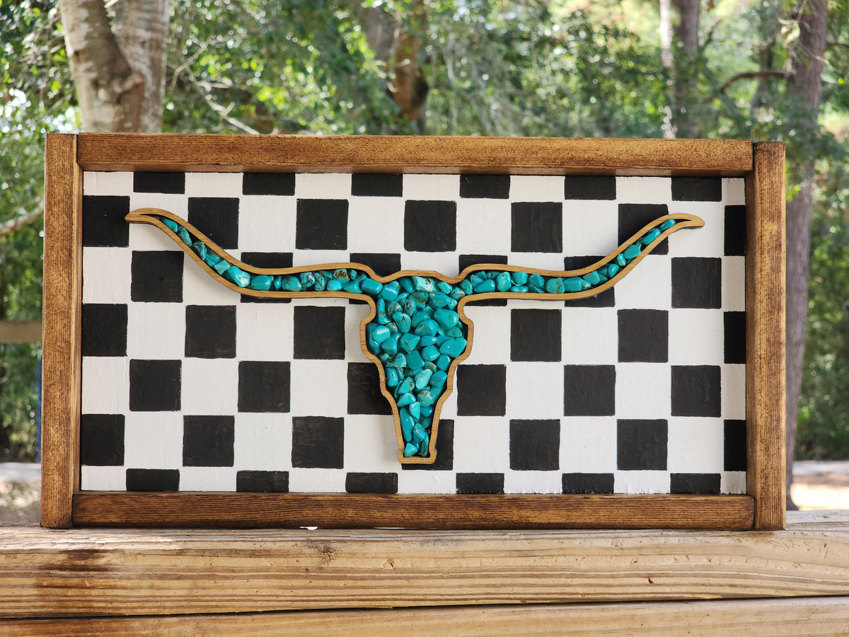 Rustic Turquoise Longhorn Buffalo Check Sign