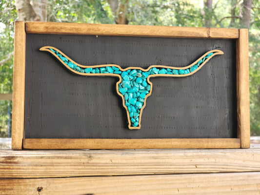 Turquoise Longhorn Wood Sign | Rustic Western Wall Decor | Texas Ranch Decor