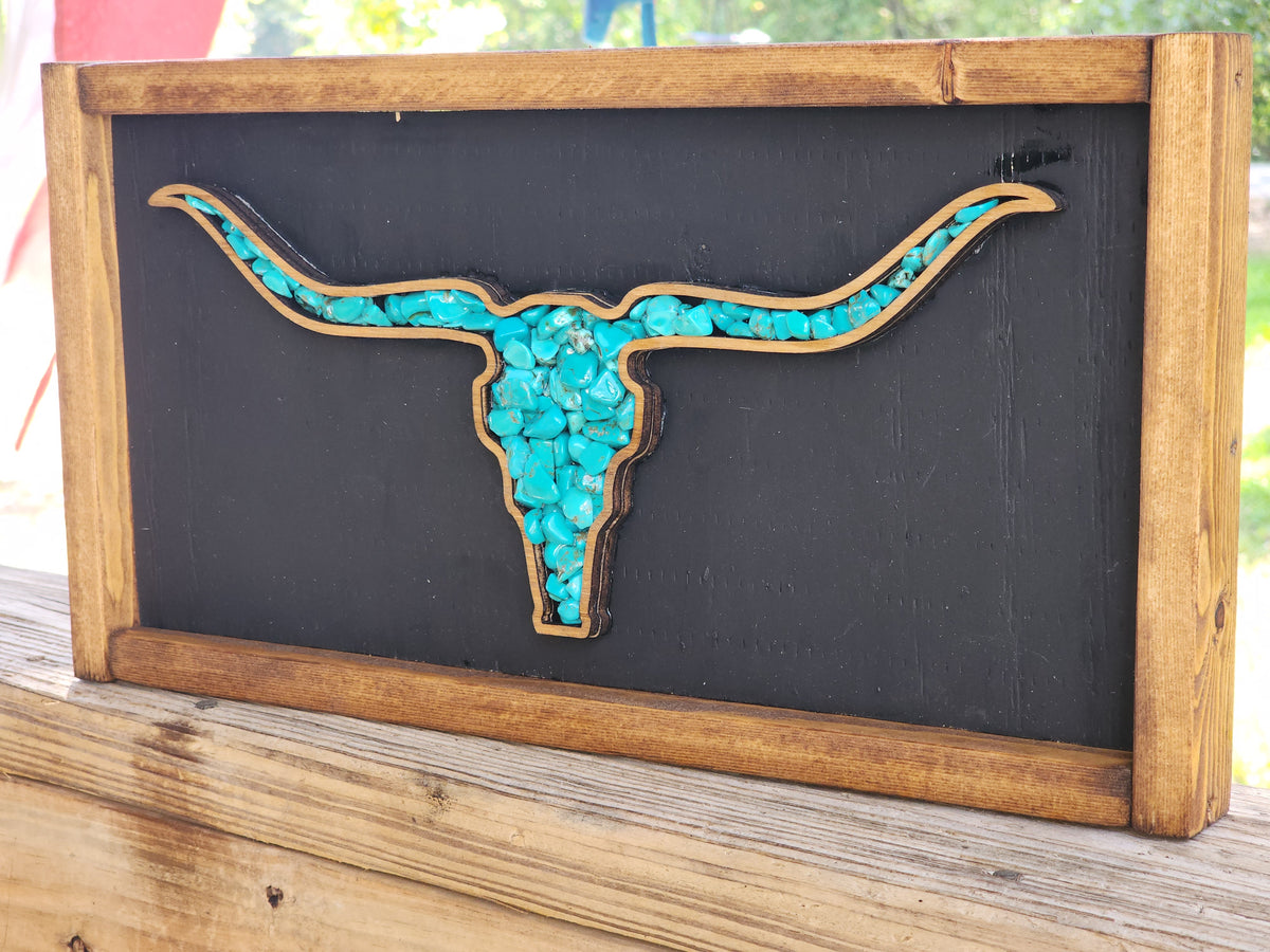 Turquoise Longhorn Wood Sign | Rustic Western Wall Decor | Texas Ranch Decor