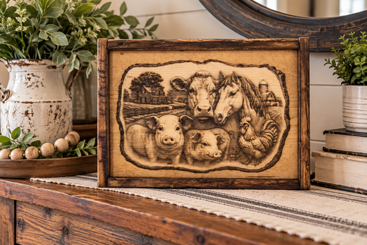 Rustic Farm Animal Laser Engraved Wood Sign – Framed Farmhouse Wall Art
