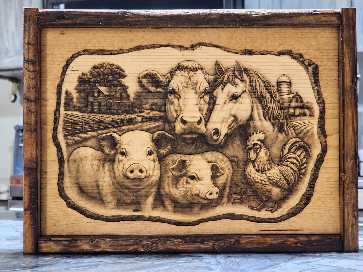 Rustic Farm Animal Laser Engraved Wood Sign – Framed Farmhouse Wall Art