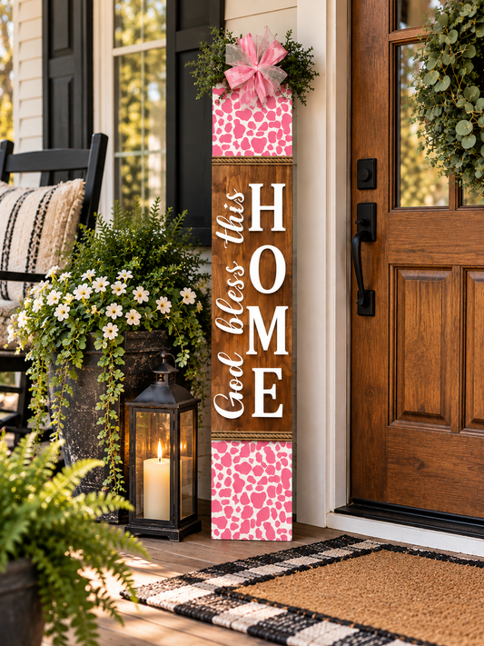 Cow print Porch Leaner "God bless this home"