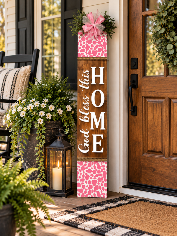 Cow print Porch Leaner "God bless this home"